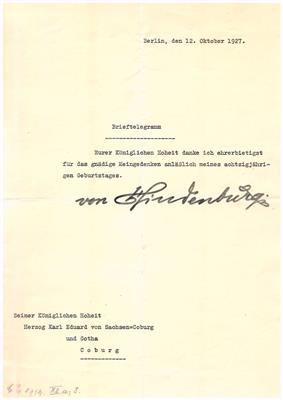 Hindenburg, Paul v., - Autogramy, rukopisy, papíry
