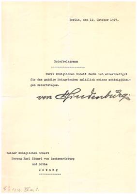 Hindenburg, Paul v., - Autografi, manoscritti, atti