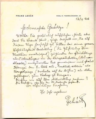 Lehár, Franz, - Autografi, manoscritti, certificati
