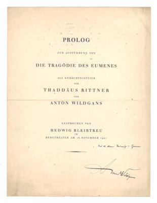 Wildgans, Anton, - Autographen, Handschriften, Urkunden