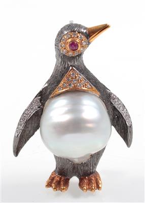 Brillant Kulturperlenbrosche Pinguin - Weihnachtsauktion Juwelen