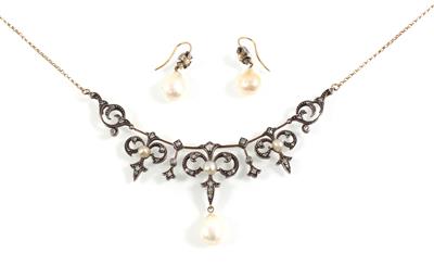 Altschliffdiamant Perlencollier und 2 Diamantohrgehänge - Jewellery