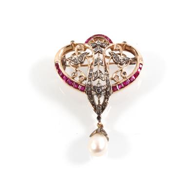 Diamant-Rubin-Kulturperlenbrosche - Jewellery
