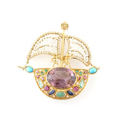 Diamant Farbsteinbrosche Schiff - Exquisite jewellery