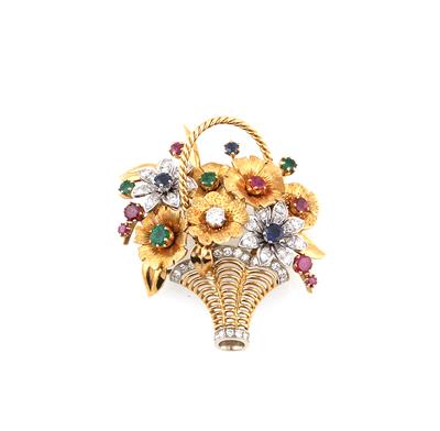 Diamant Farbstein Brosche Blumenkorb - Exquisite jewellery