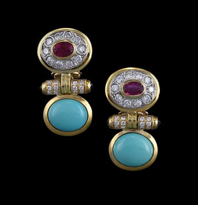Brillant Farbstein Ohrclipsgehänge mit behandelten Türkisen - Exquisite jewellery