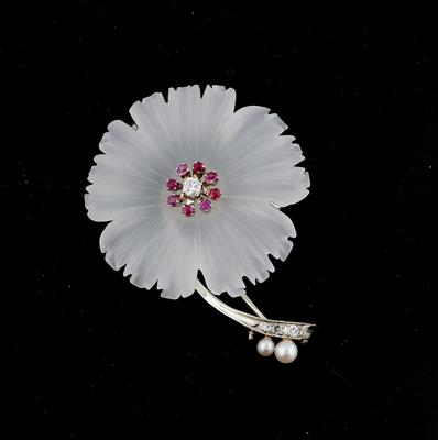Kulturperlen Brillant Rubin Kristall Blütenbrosche - Exquisite jewellery