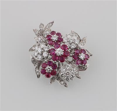 Diamant Blütenbrosche mit unbehandelten Rubinen - Gioielli scelti