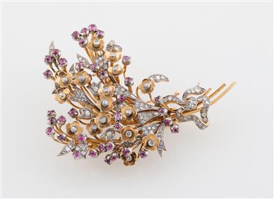 Diamant Rubinbrosche Blumenbouquet - Gioielli