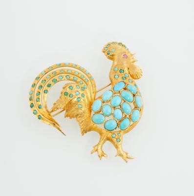Brosche Hahn mit behandeleten Türkisen - Exquisite jewellery