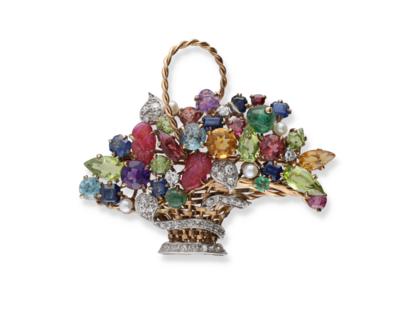 Diamant Farb- und Schmuckstein Brosche Blumenkorb - Exquisite jewels