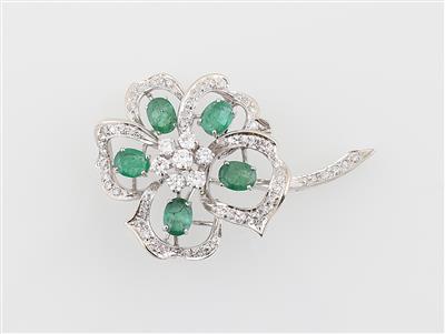 Diamant Smaragd Brosche - Exklusive Farbsteine
