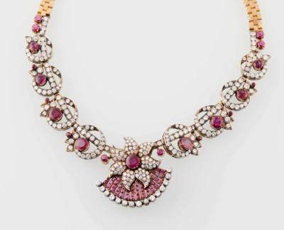 Brillantcollier mit unbehandelten Rubinen zus. ca. 11 ct - Exklusive Farbsteine