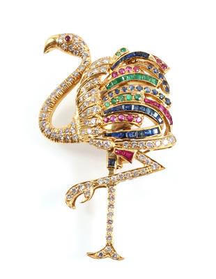 Brillant Farbsteinbrosche Flamingo - Schmuck Onlineauktion