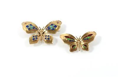 Zwei Smaragd Rubinbroschen Schmetterlinge - Jewellery