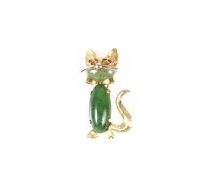 Nephrit Imitationssteinbrosche Katze - Jewellery