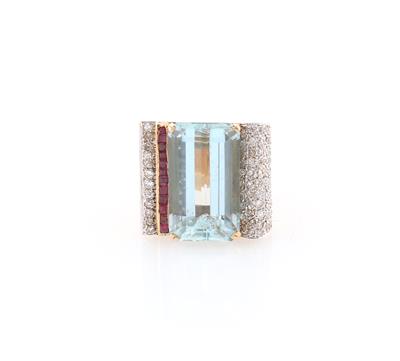 Achtkantdiamant Rubin Aquamarinring - Schmuck