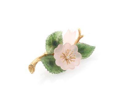 Brillant Rosenquarz Nephrit Blütenbrosche - Klenoty