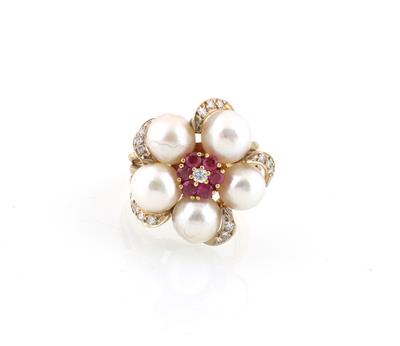 Kulturperlen Diamant Rubinring - Jewellery