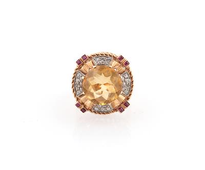 Altschliffdiamant Citrin Rubin Ring - Gioielli