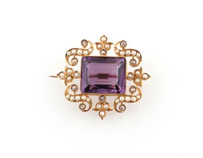 Halbperlen Diamantrauten Amethyst Brosche - Klenoty