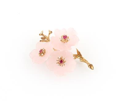 Brillant Rubin Rosenquarz Blütenbrosche - Gioielli