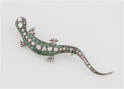 Diamantrauten Smaragd, Rubin Brosche Eidechse - Jewellery