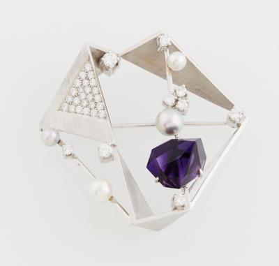 Kulturperlen Brillant Amethyst Designbrosche - Klenoty