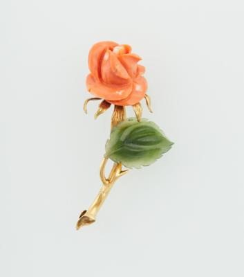 Korallen Nephrit Blütenbrosche Rose - Schmuck