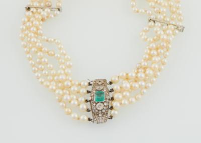 Diamant Smaragd Kulturperlen Collier de Chien - Schmuck