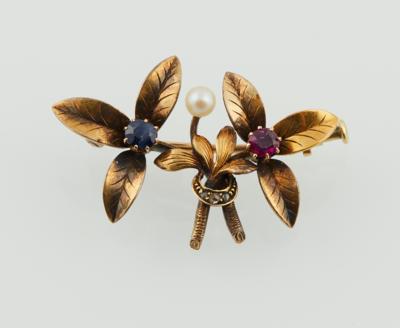 Kulturperlen Rubin Saphir Brosche - Jewellery