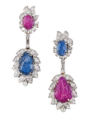 A pair of diamond and gemstone ear pendants - Klenoty