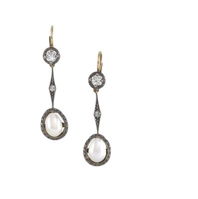 A pair of diamond and cultured pearl ear pendants - Jewellery