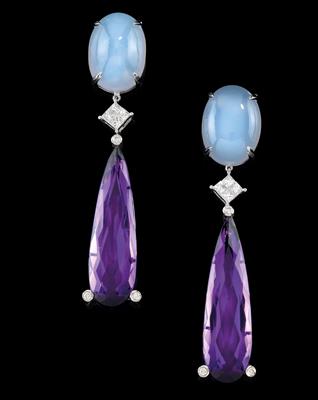 A pair of amethyst, chalcedony and diamond ear pendants - Jewellery