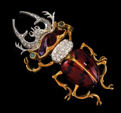 A diamond and enamel brooch in the shape of a stag beetle - Jewellery