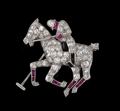 A ‘polo player’ diamond, ruby and onyx brooch - Jewellery