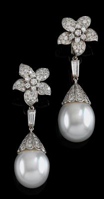 Orecchini a clip con pendente con diamanti e perle coltivate - Gioielli