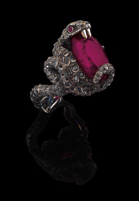 A rubellite and diamond ring in the shape of a snake - Klenoty