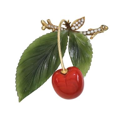 Diamond and coral cherry brooch - Klenoty