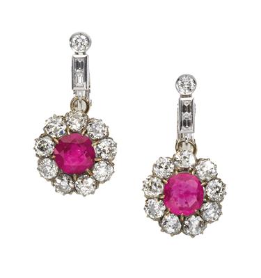 A pair of diamond and ruby pendant ear clips - Jewellery