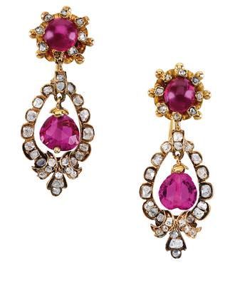 A pair of diamond and ruby pendant ear screws - Jewellery