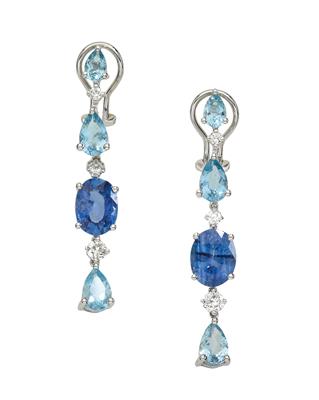 A pair of tanzanite and aquamarine ear pendants total weight 9.48 ct - Jewellery
