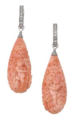 A pair of brilliant and coral ear pendants, - Klenoty