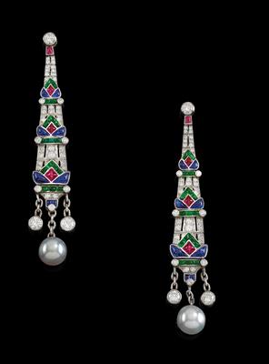 A pair of diamond and coloured stone ear pendants - Gioielli