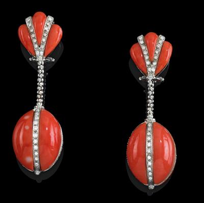 A pair of coral and brilliant ear pendants - Jewellery