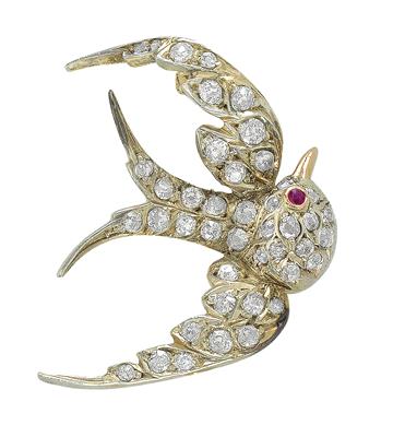 An old-cut diamond and ruby brooch in the shape of a swallow - Klenoty