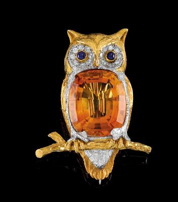 A brilliant and gemstone brooch in the shape of an owl - Jewellery