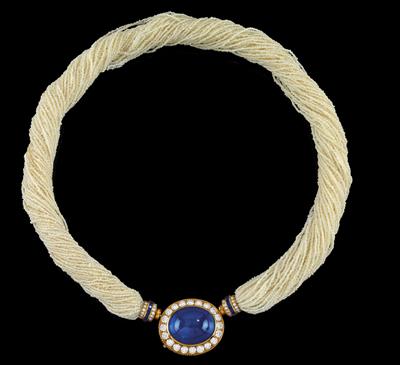 A seed pearl necklace with sapphire central portion c. 25 ct - Gioielli