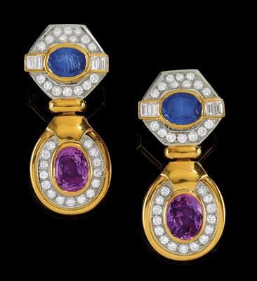 A pair of sapphire and diamond ear clip pendants - Jewellery