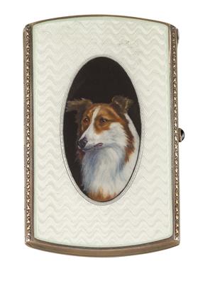 A hinged lidded case with the image of a collie - Klenoty